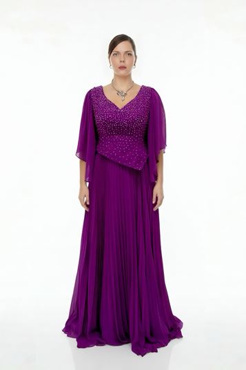 Plus Size Pleated Evening Dress with Stone Embellishments